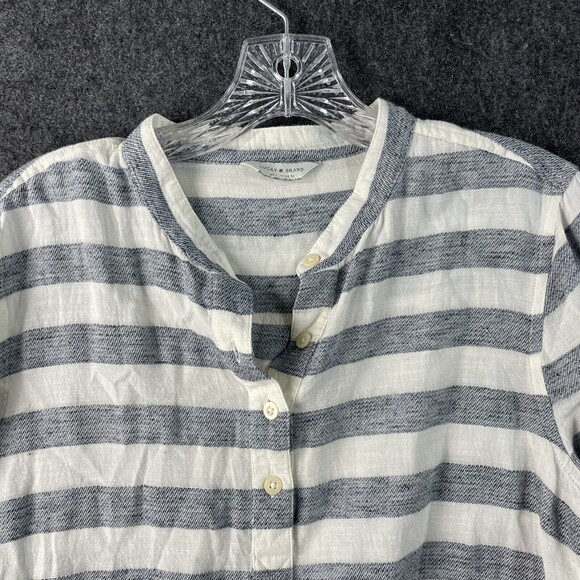 Lucky Brand Blouse Women's Medium Gray Cream Striped Peplum Long Sleeve - Picture 2 of 9